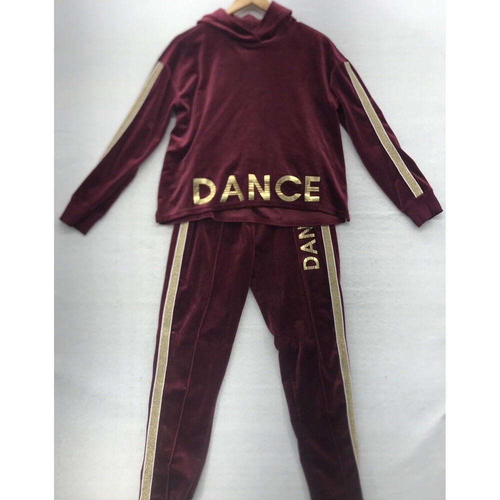 Justice Active Velour Girls Jogging Suit Size 18/20 Burgundy Spell Out Dance